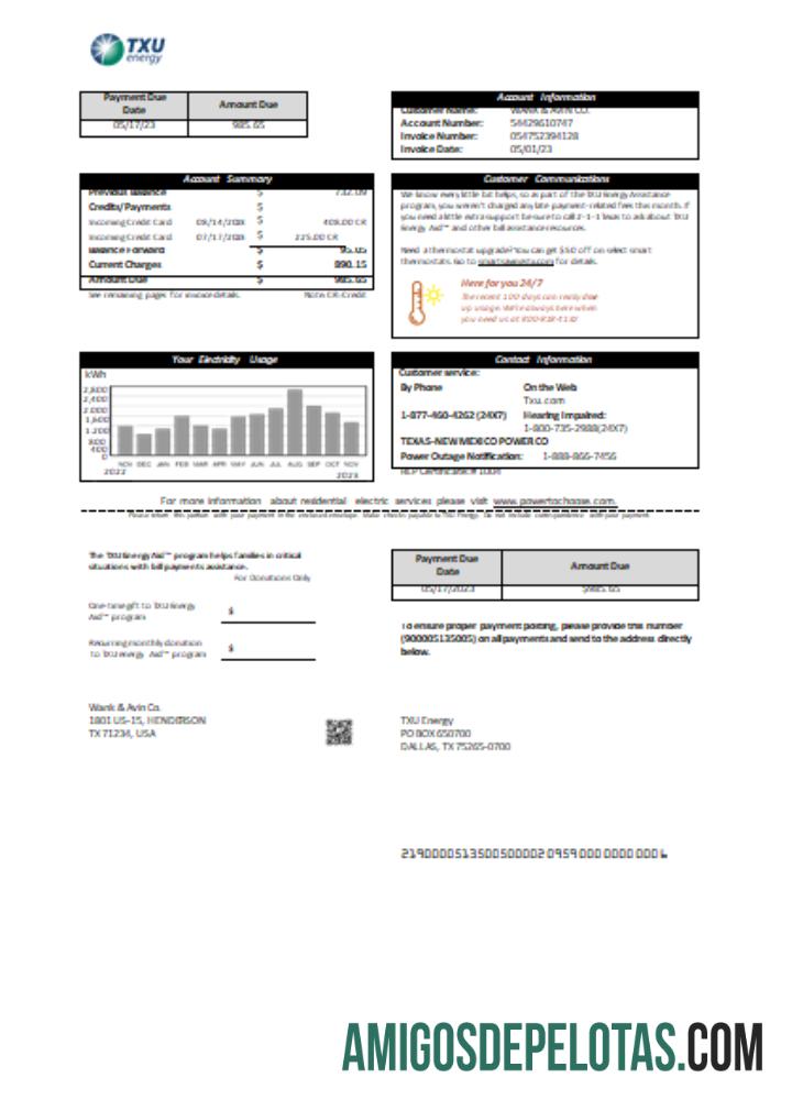SCR da conta de negócios de serviços públicos de energia do Texas TXU modelo